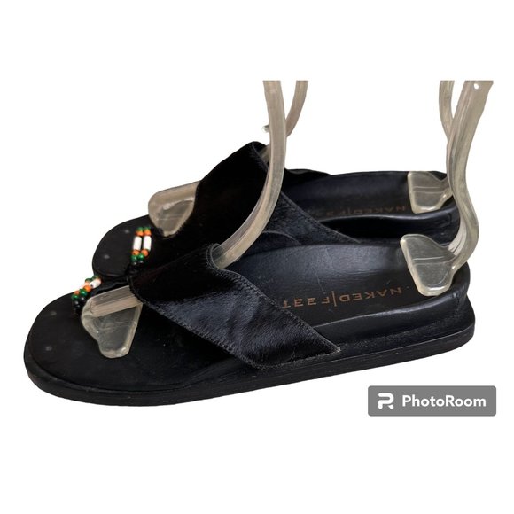 Naked Feet Sandals Flats 8.5 Beaded Toe Loop Black Leather Nubuck Square… - Picture 7 of 13